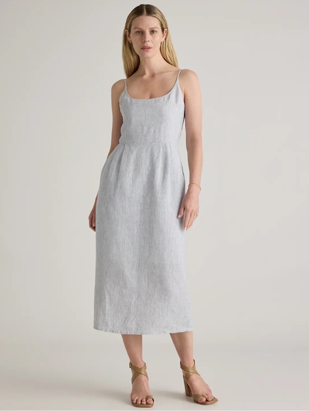 Quince European Linen Scoop Neck Midi Dress Striped